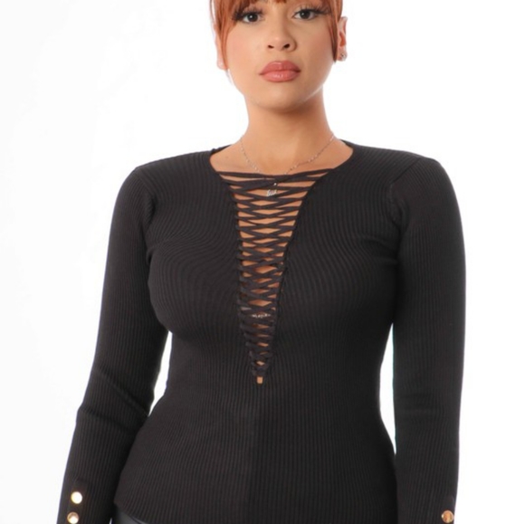 Black Lace Up Top/Gold Buttons on sleeves - Picture 2 of 2